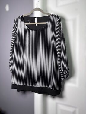 AB Studio Black & White Striped Balloon Sleeve Blouse Sz XL
